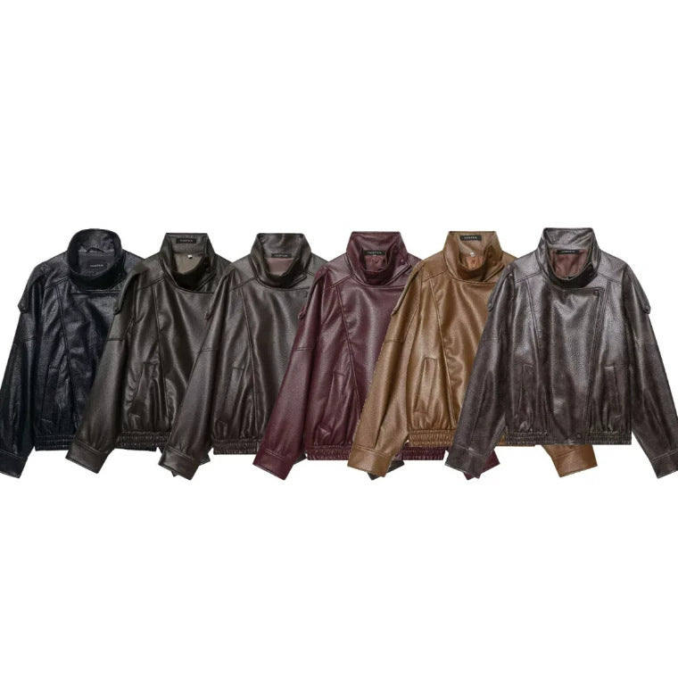 Women's Cropped Faux Leather Bomber with Asymmetric Snap Placket and Funnel Neck Mune Fashion