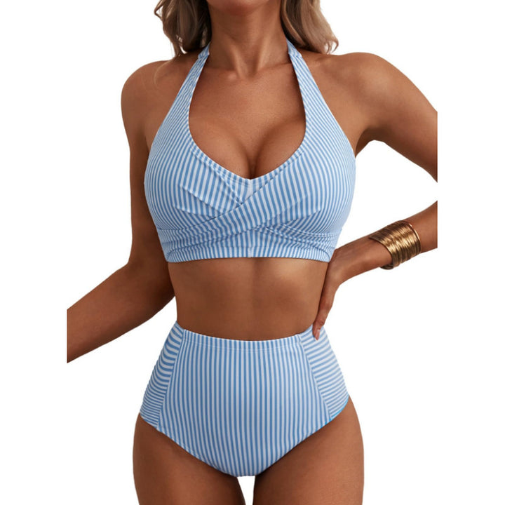 Women High-Waisted Striped Bikini Mune Fashion