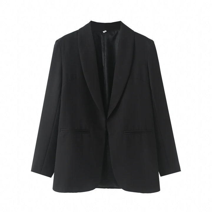 Ladies long blazer with shawl collar, unstructured fall and piped welt pockets Mune Fashion