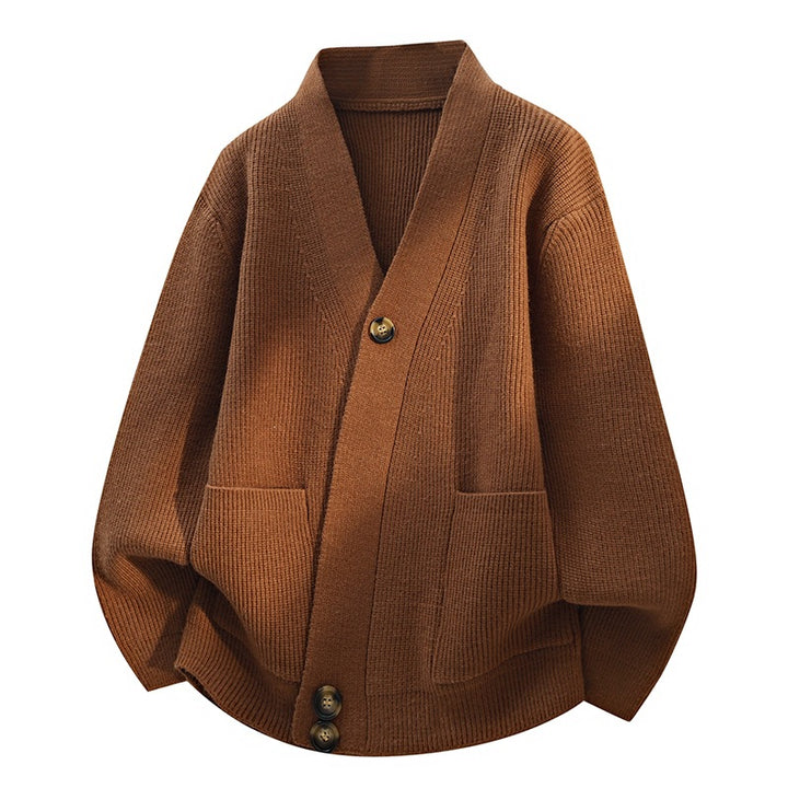Women's oversized cardigan with large V-neck, patch pockets & wooden buttons Mune Fashion