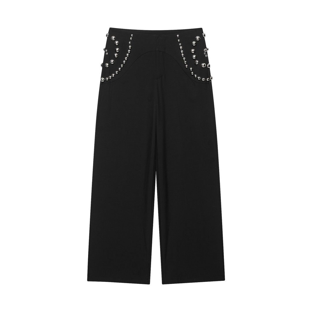 Women's Wide High Waist Pants with Stud Accents and Decorative Pearls Mune Fashion