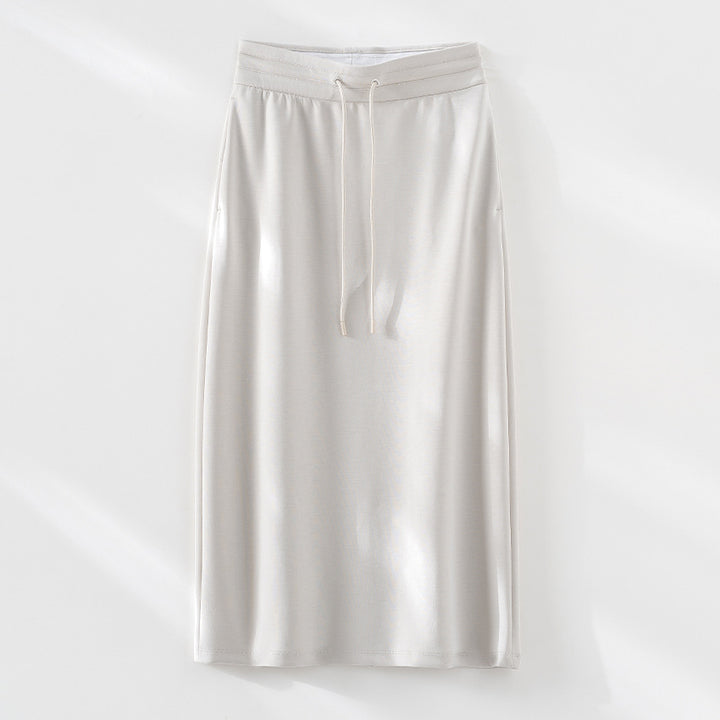 Women's midi skirt made of soft jersey with elastic waistband and drawstring Mune Fashion