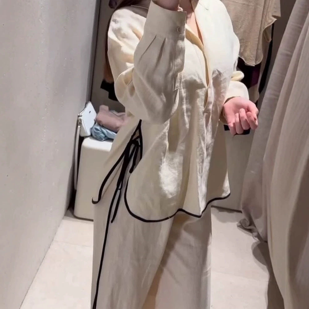 Women Lightweight Linen Loungewear Set with Wide Leg, Shirt Collar & Contrast Piping Mune Fashion