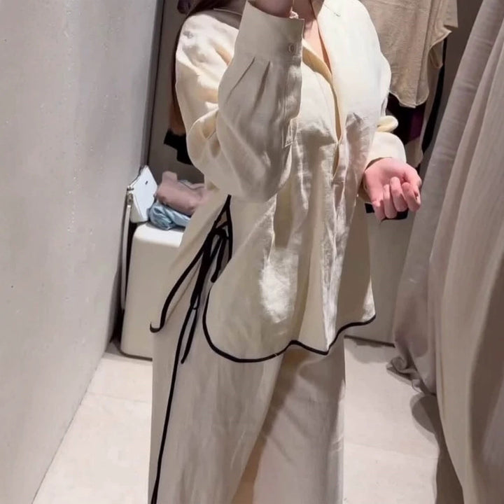 Women Lightweight Linen Loungewear Set with Wide Leg, Shirt Collar & Contrast Piping Mune Fashion