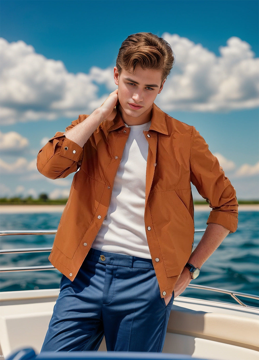 Men's Light Overshirt Jacket with Snap Front and Shirt Collar Mune Fashion