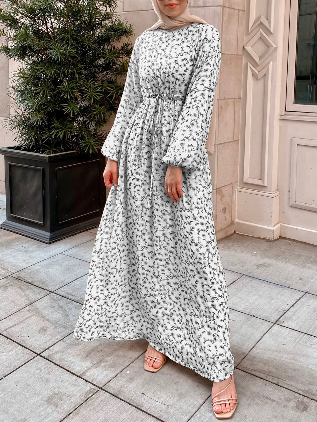 Women Floral Maxi Dress with Drawstring Waist and Balloon Sleeves Drune