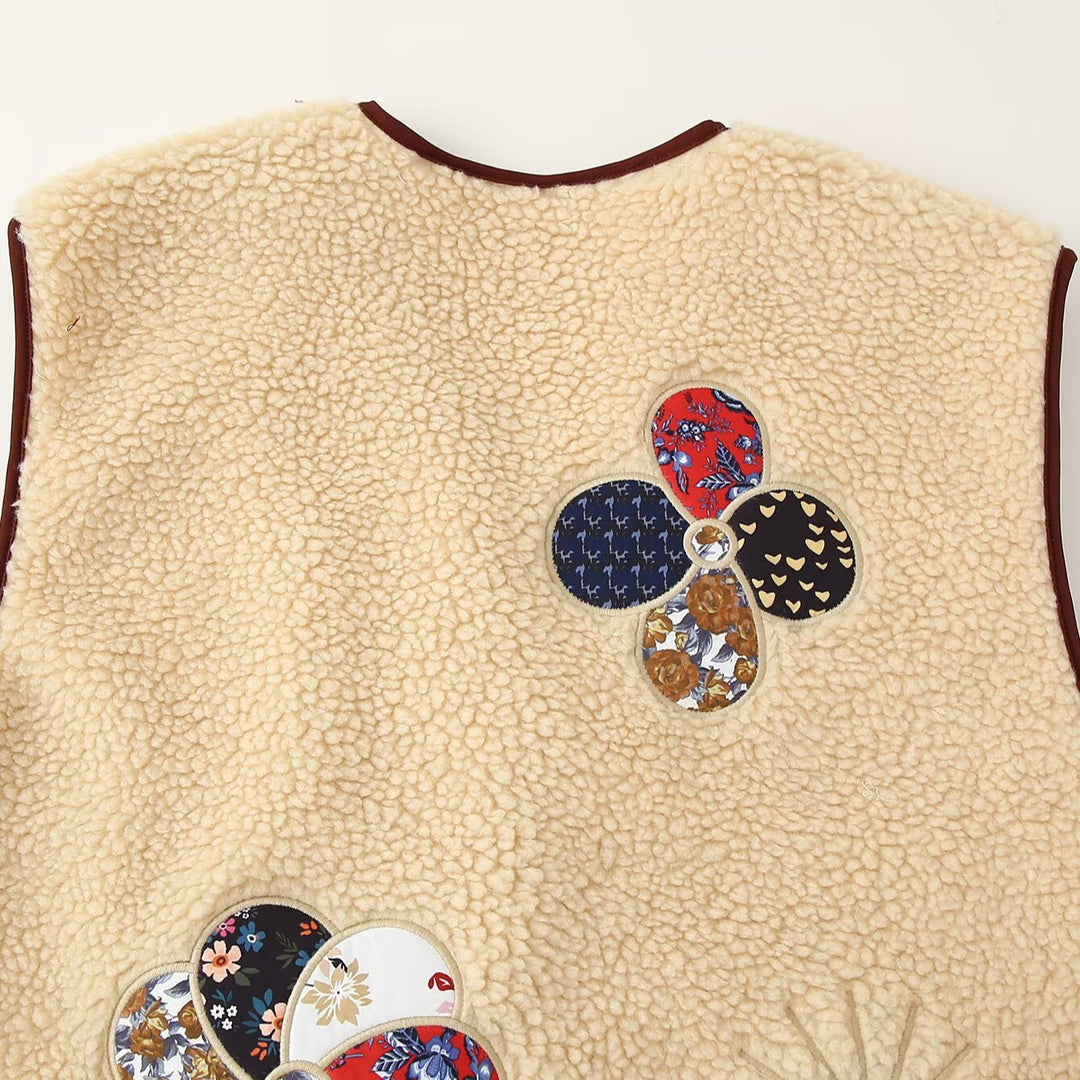 Ladies Padded Teddy Vest with Patchwork Applications and Toggle Closures Mune Fashion