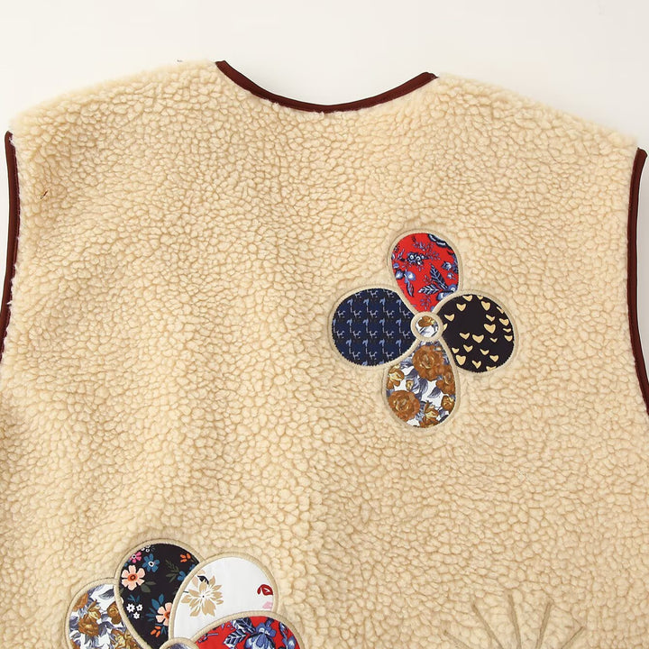 Ladies Padded Teddy Vest with Patchwork Applications and Toggle Closures Mune Fashion