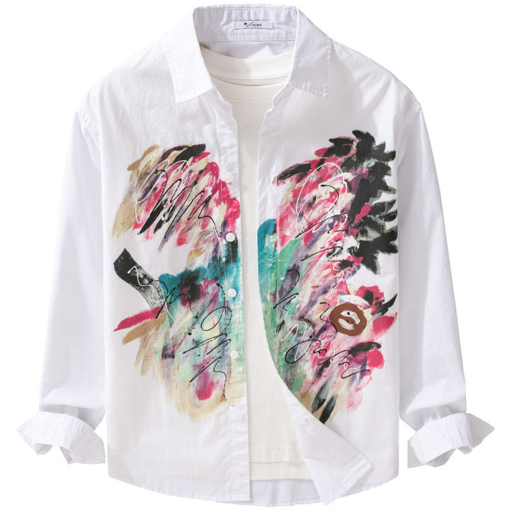 Women's long-sleeve shirt made of cotton poplin with artistic brush print and Kent collar Mune Fashion