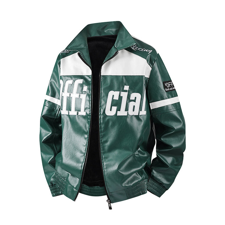 Men's Stylish Faux Leather Jacket with Symbol Design Mune Fashion