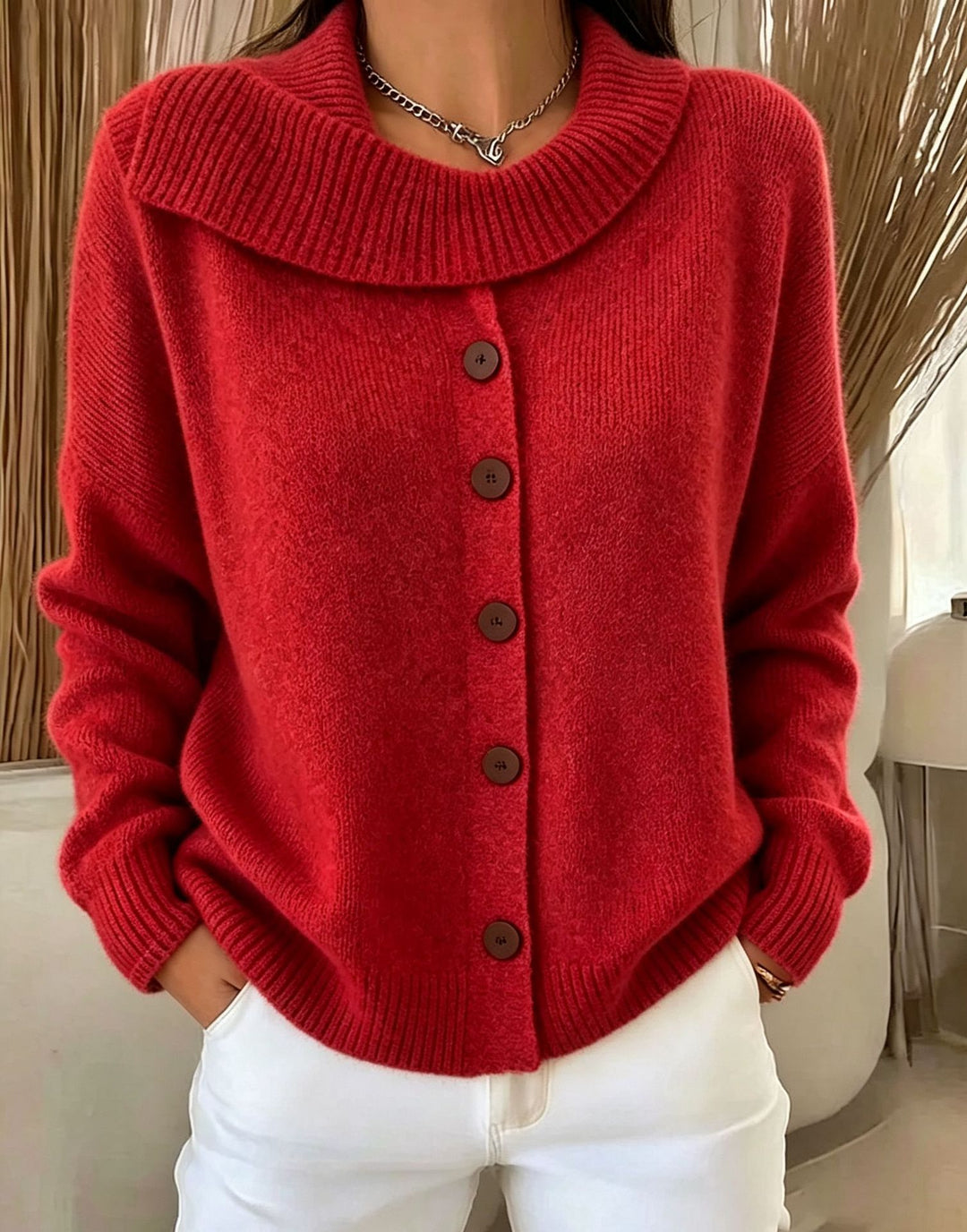 Women's Cozy Button Cardigan with Wide Roll Neck and Ribbed Cuffs Mune Fashion