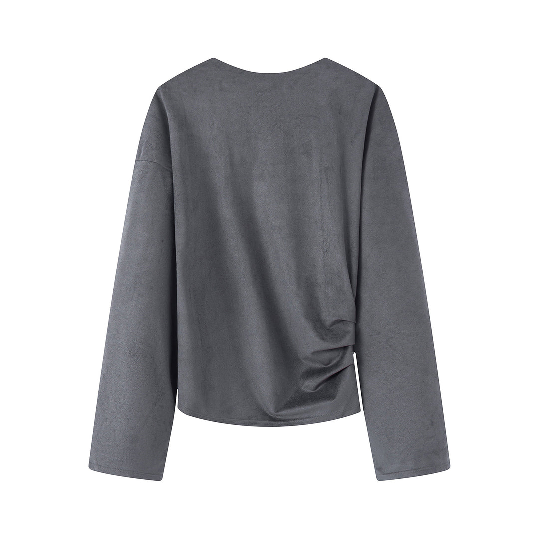 Women's oversized long sleeve shirt with side draping and velvety suede look Mune Fashion