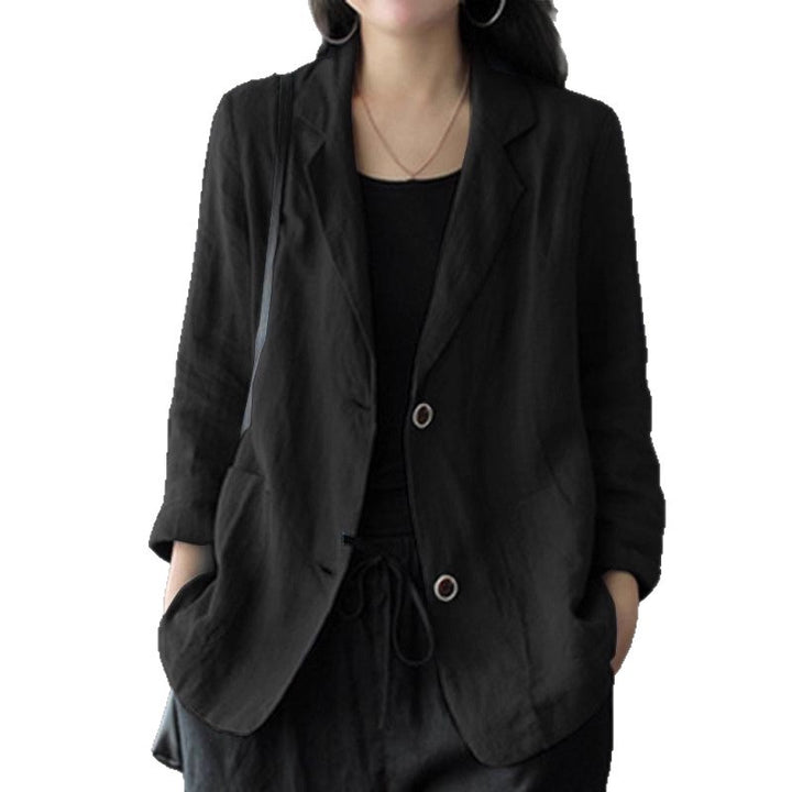 Women's linen blazer in a casual style with a loose fit and patch pockets