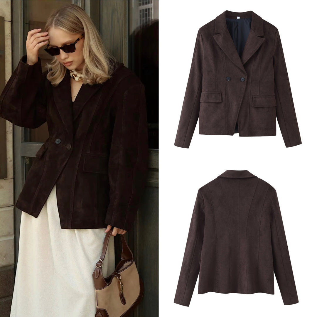 Women Tailored Velvet Imitation Blazer with Double Breasted and Patch Pockets Mune Fashion