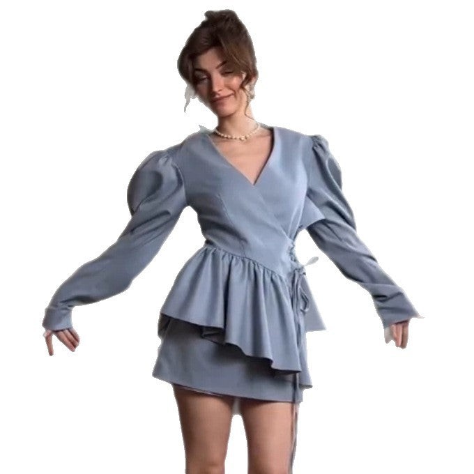 Women's mini dress with ruffle peplum, puff sleeves, and tailored silhouette Mune Fashion