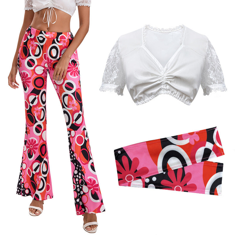 Women's Retro Flared Pants Set with Lace Cropped Top and Printed Headband Mune Fashion