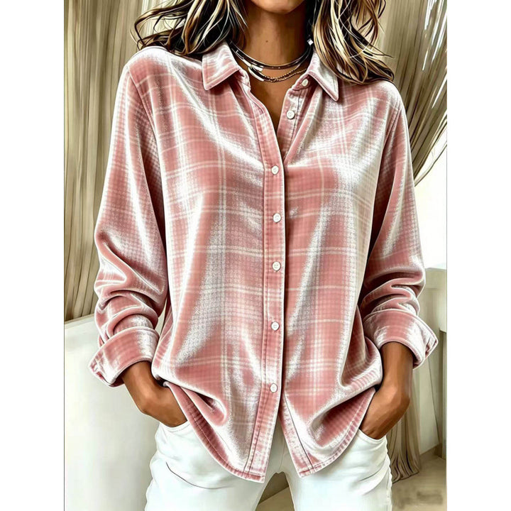 Women's Velvet Shirt Blouse with Check Pattern and Loose Oversized Cut Mune Fashion