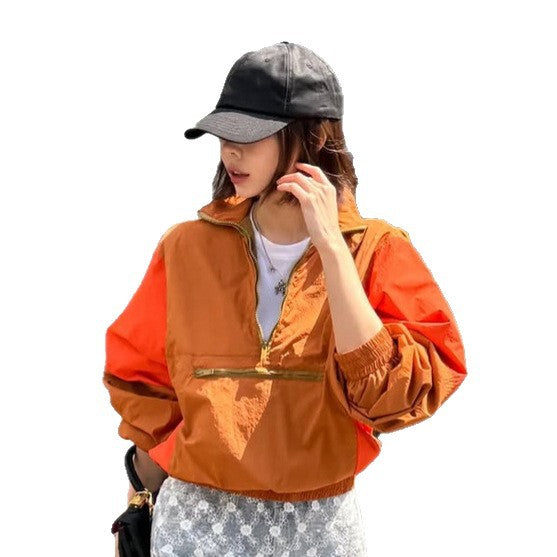 Women’s Short Cut Two-Tone Half Zip Utility Jacket with Elastic Hem and Zipper Pocket Mune Fashion