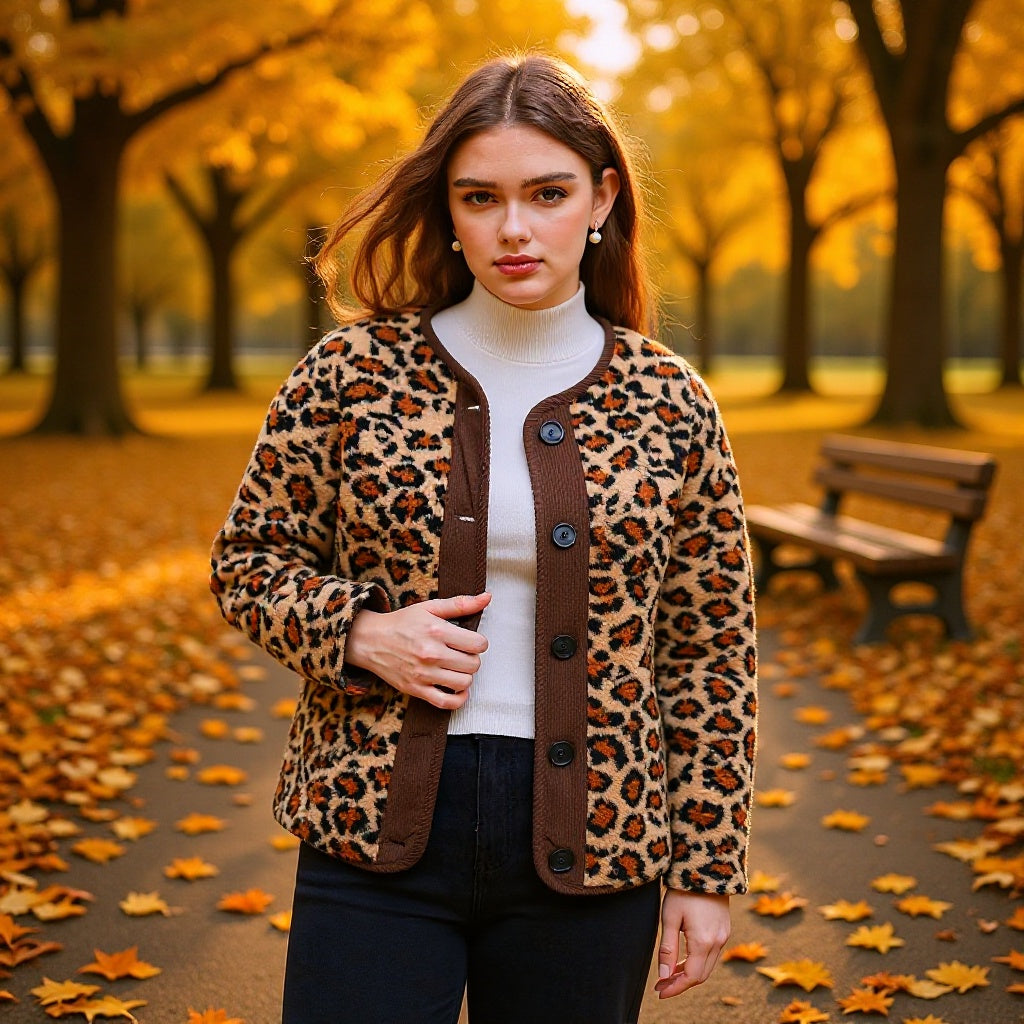 Women's short jacket in teddy look with leopard print and button closure Mune Fashion