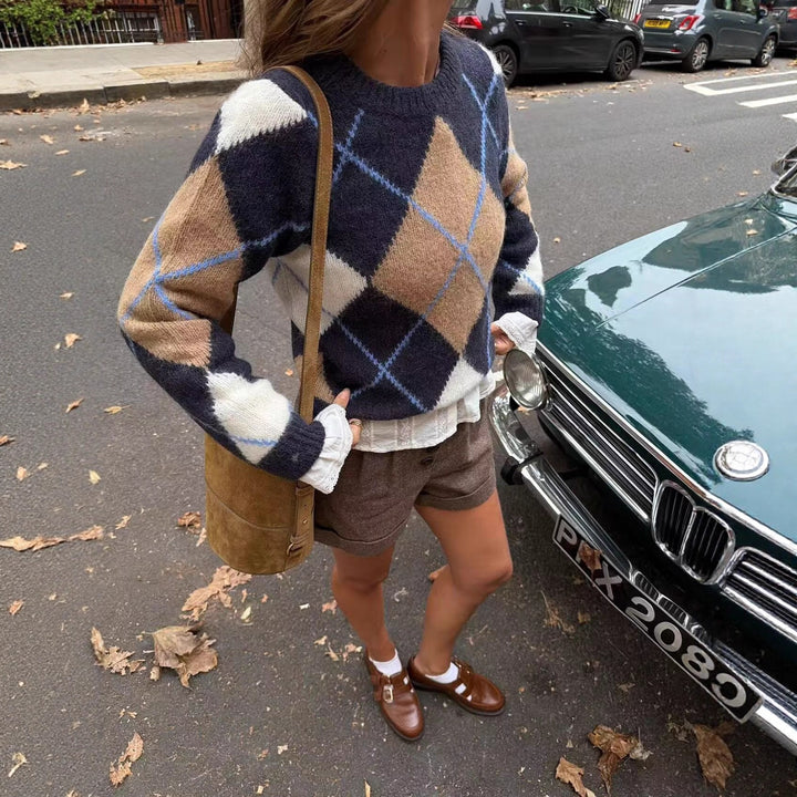 Womens Oversize Argyle Knit Sweater with Round Neck, Dropped Shoulders and Ribbed Cuffs Mune Fashion