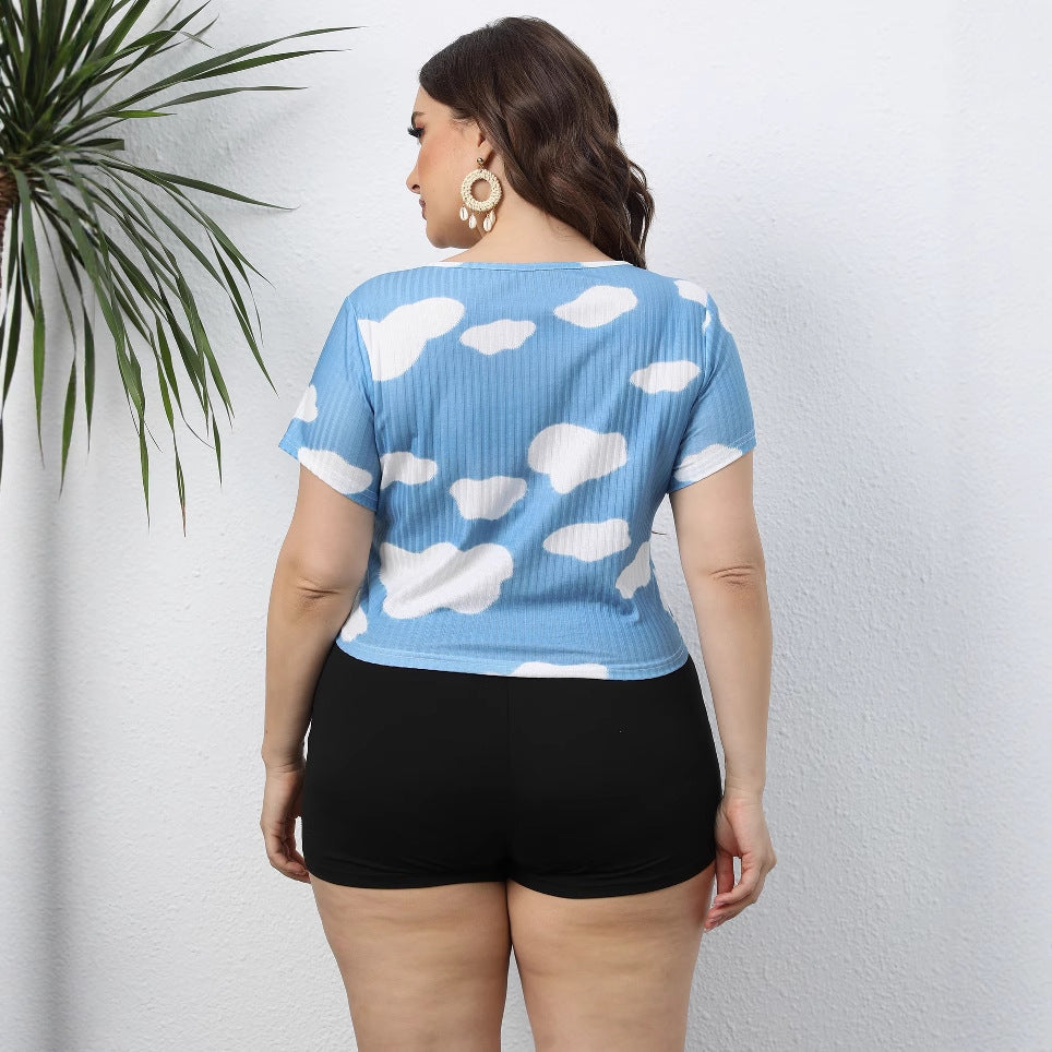 Women's cropped T-shirt with cloud pattern and elastic waistband Mune Fashion