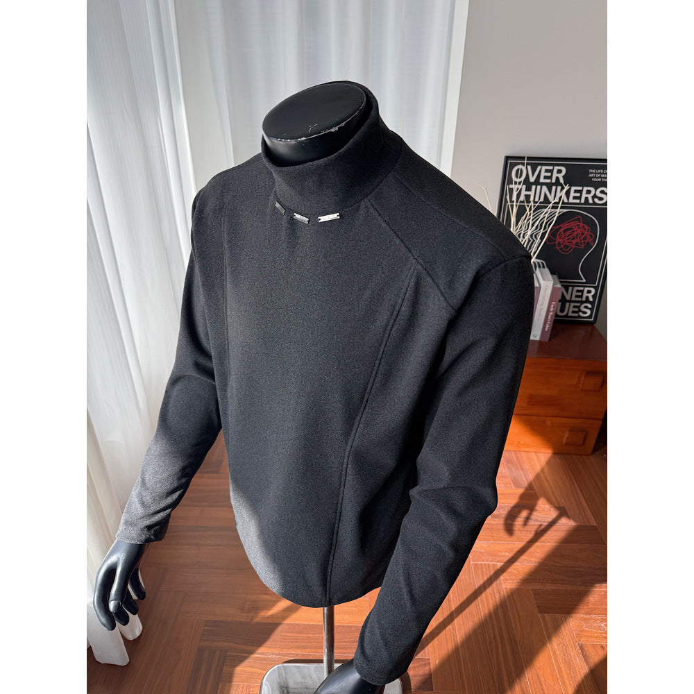 Men's Rollneck Fine Knit Shirt with Metal Studs at the Collar and Slim Silhouette Mune Fashion
