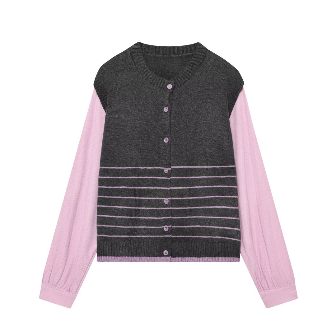 Ladies Layered Look Knit Cardigan with Striped Vest Insert and Volume Sleeves Mune Fashion