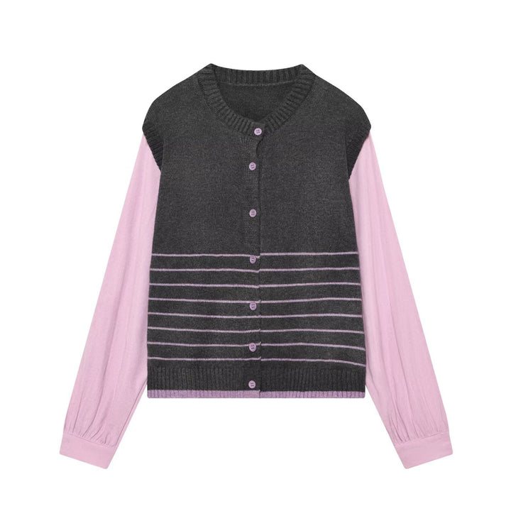 Ladies Layered Look Knit Cardigan with Striped Vest Insert and Volume Sleeves Mune Fashion