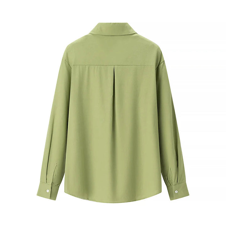 Women's casual oversized boyfriend shirt with shirt collar, concealed button placket, and rounded hem Mune Fashion