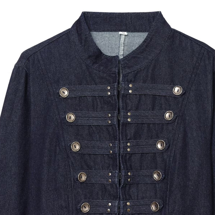 Women Cropped Denim Military Jacket with Stand-Up Collar and Decorative Button Placket Mune Fashion