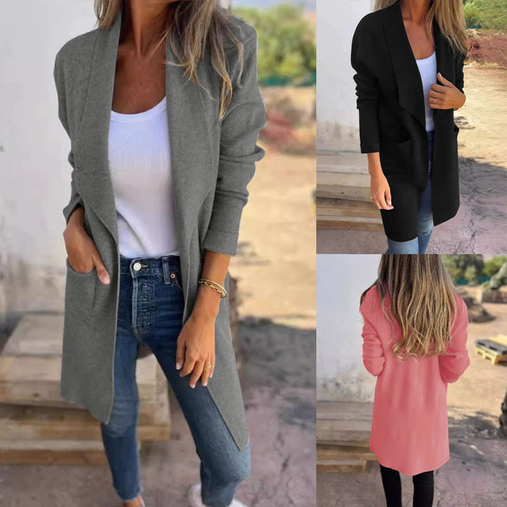 Women's Long Open Cardigan with Shawl Collar, Patch Pockets and Light Fall Drune