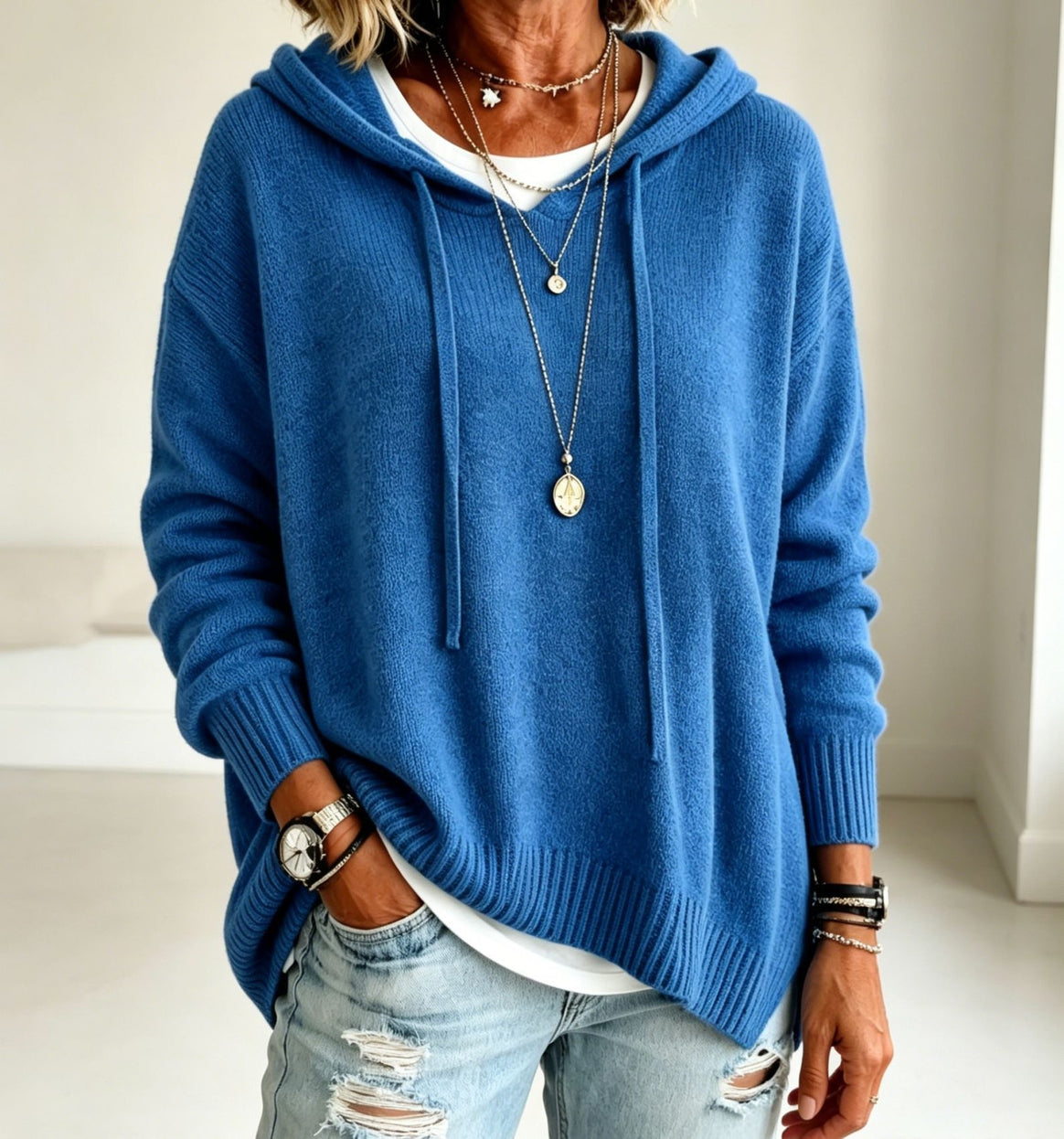 Women Oversize Hoodie Sweater made of fine knit with ribbed cuffs Mune Fashion