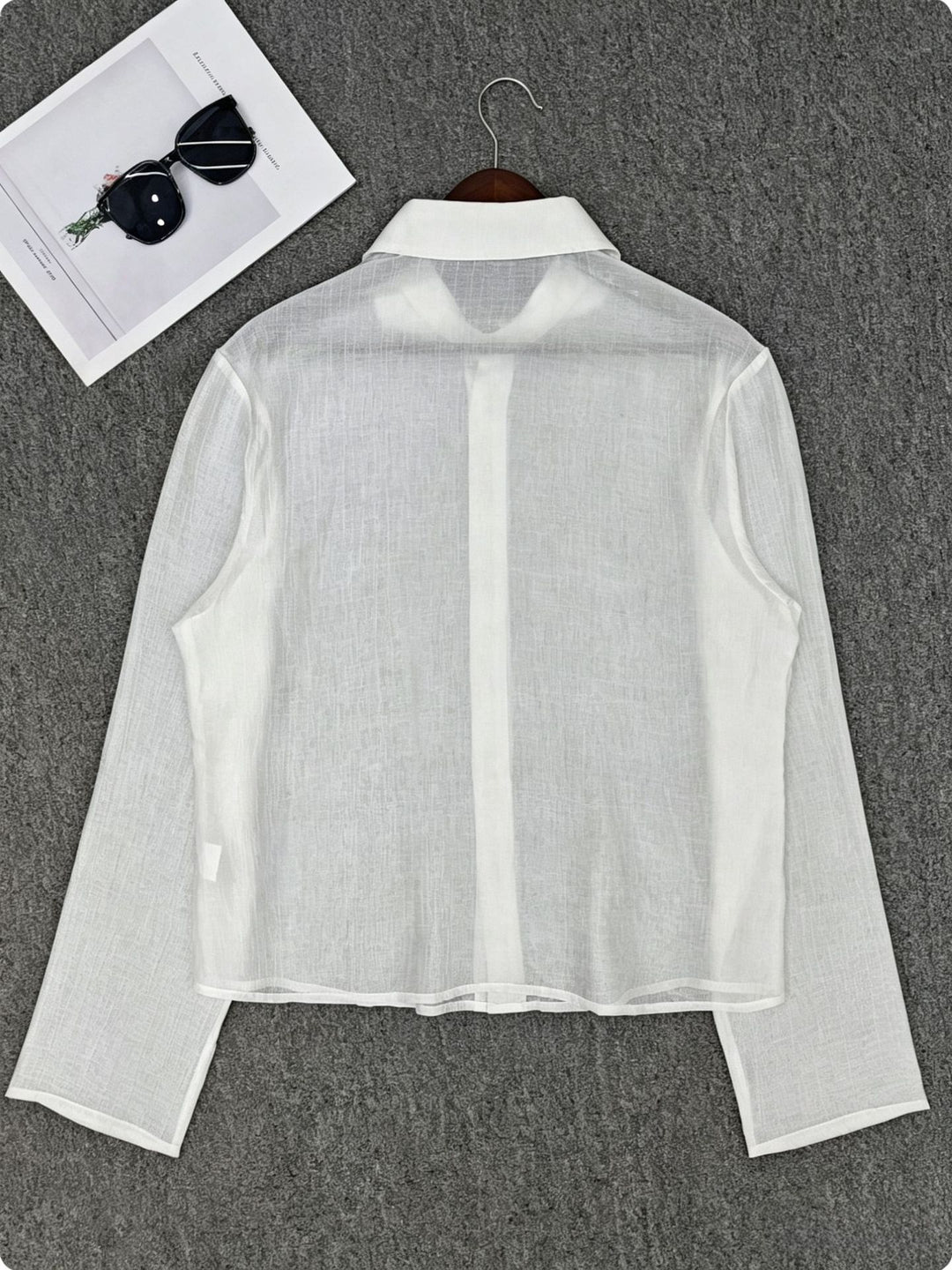 Womens Transparent Shirt Blouse in Linen Look with Kent Collar Mune Fashion