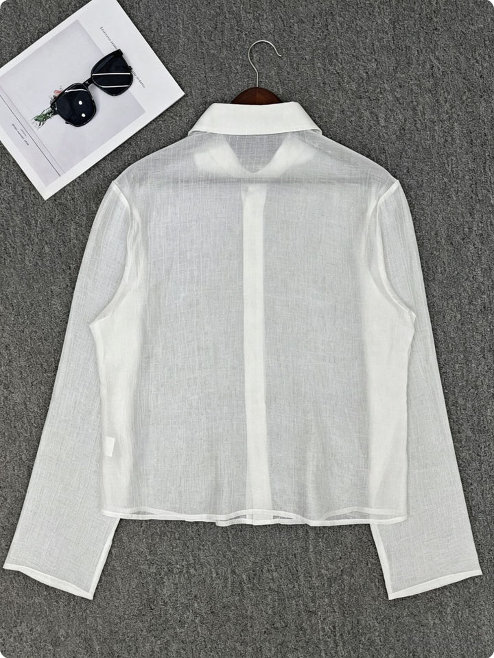 Womens Transparent Shirt Blouse in Linen Look with Kent Collar Mune Fashion