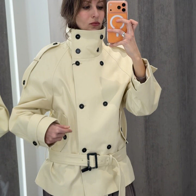 Women Short Double-Breasted Trench Jacket with High Standing Collar and Waist Belt Mune Fashion