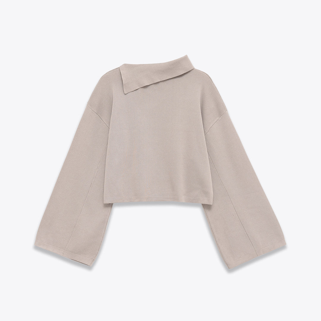 Women's oversized short cut sweater with asymmetrical high collar and wide kimono sleeves Mune Fashion