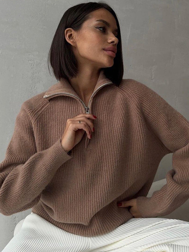 Women Ribbed Wool Blend Pullover with Half Zipper and Wide Stand-Up Collar Mune Fashion