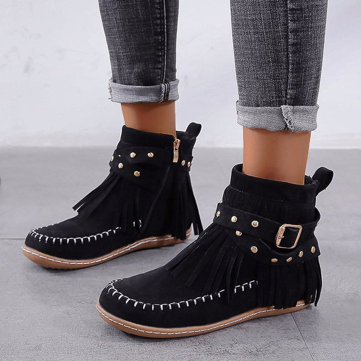 Women's Fransen-Moccasin-Ankle Boot with Decorative Strap, Buckle and Soft Rubber Sole Mune Fashion