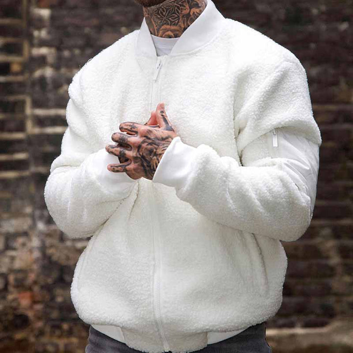 Men's Teddy-Fleece Bomber Jacket with Zipper and Arm Pocket Mune Fashion