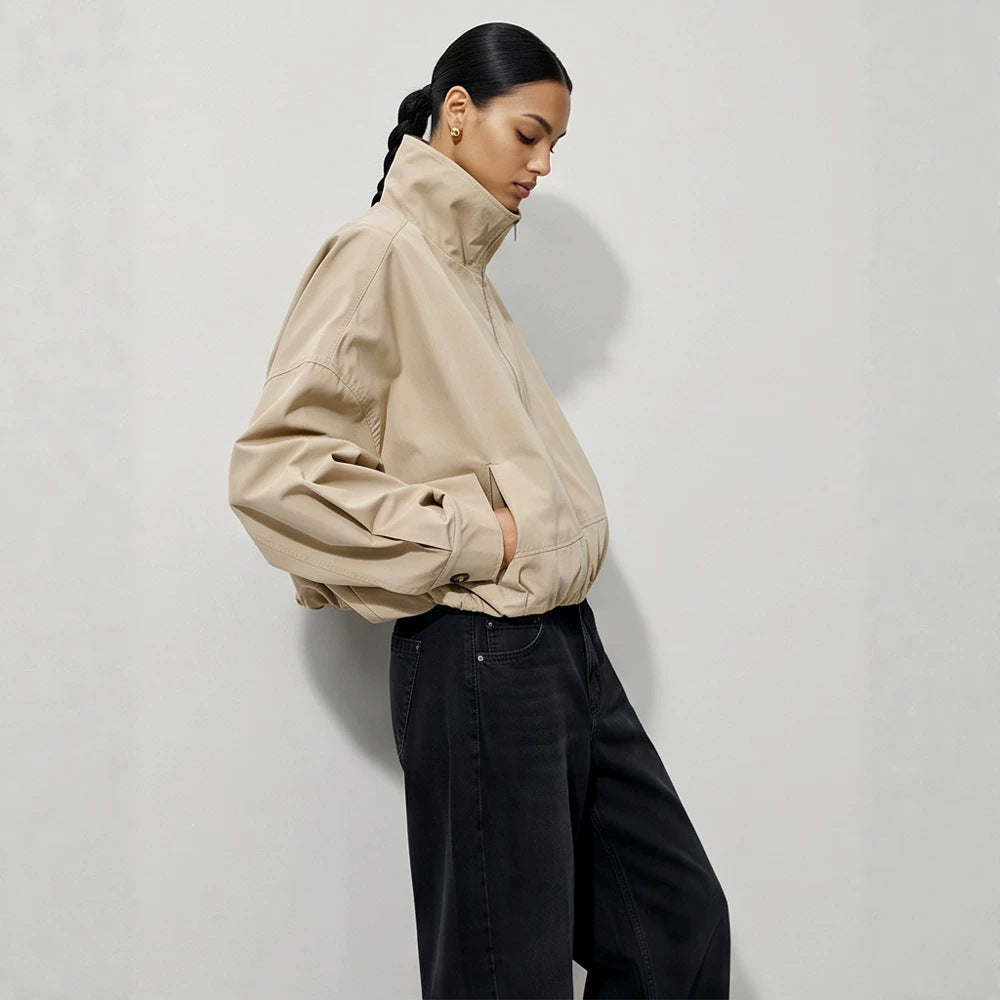 Women's Boxy-Cropped Windbreaker Jacket with High Standing Collar and Straight Hem Mune Fashion