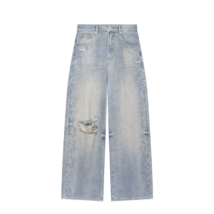 Women's High Waist Jeans with Wide Leg, Destroyed Details and Stud Application Drune
