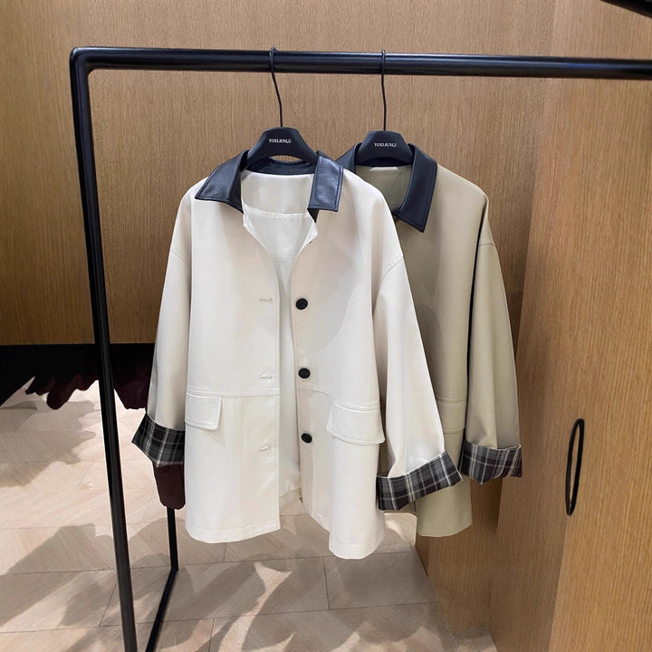 Women's Oversized Trench Coat with Contrast Collar and Check Lining Mune Fashion