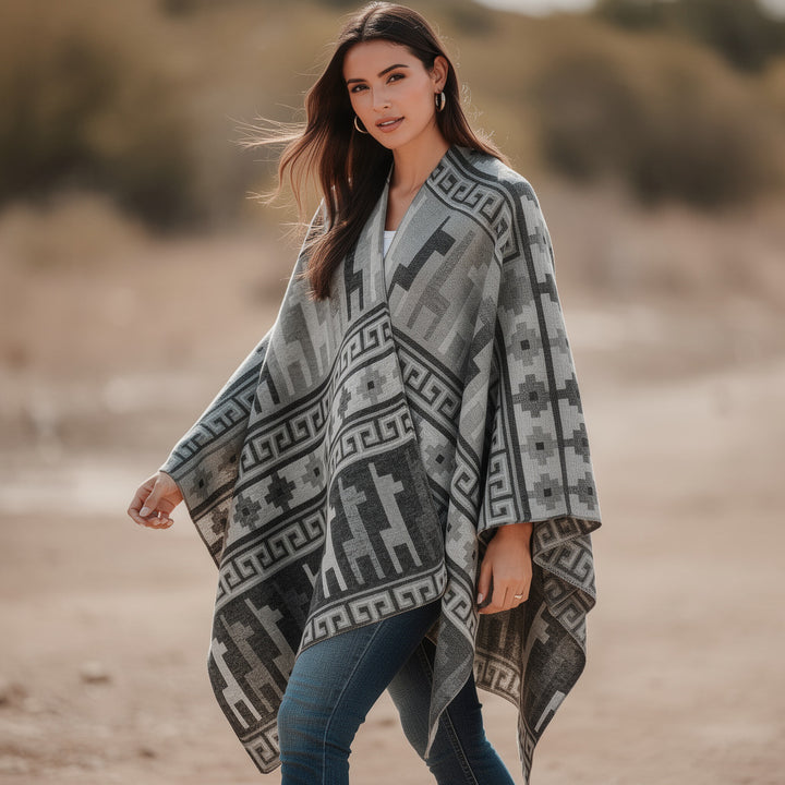 Women's Jacquard Poncho with Riding Motif and Geometric Border Pattern Mune Fashion