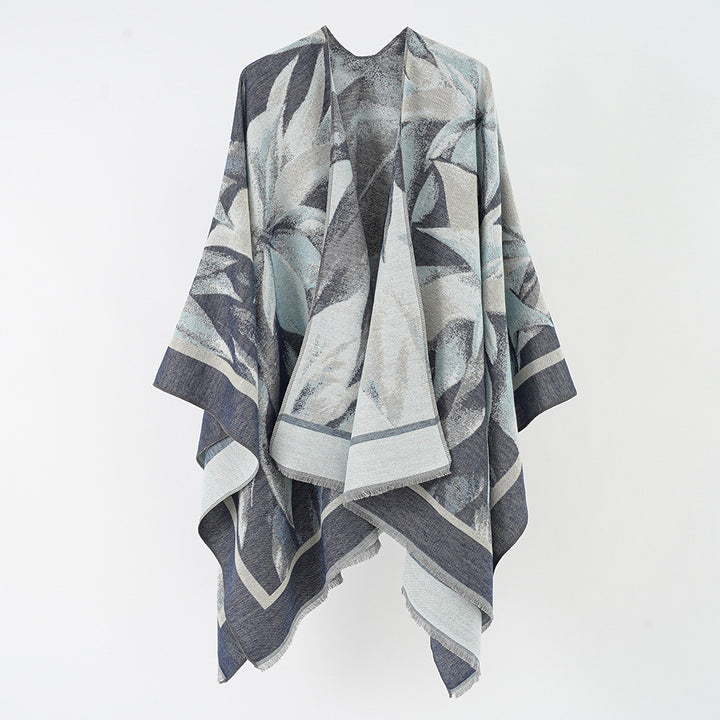 Women's jacquard wrap poncho with floral-abstract woven texture and softly falling oversized cape Mune Fashion