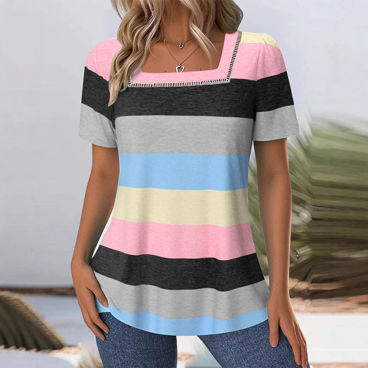 Women's striped jersey long shirt with square neckline and casual hip length Mune Fashion