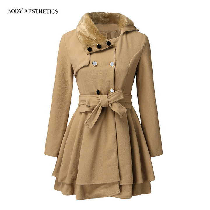 Women A-line wool blend coat with waist belt double-breasted and faux fur collar Mune Fashion