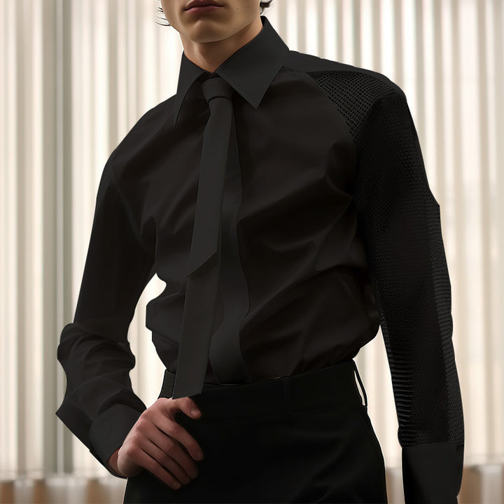 Women’s flowing blouse with attached bow, concealed button placket, and one-sided mesh sleeve detail Mune Fashion