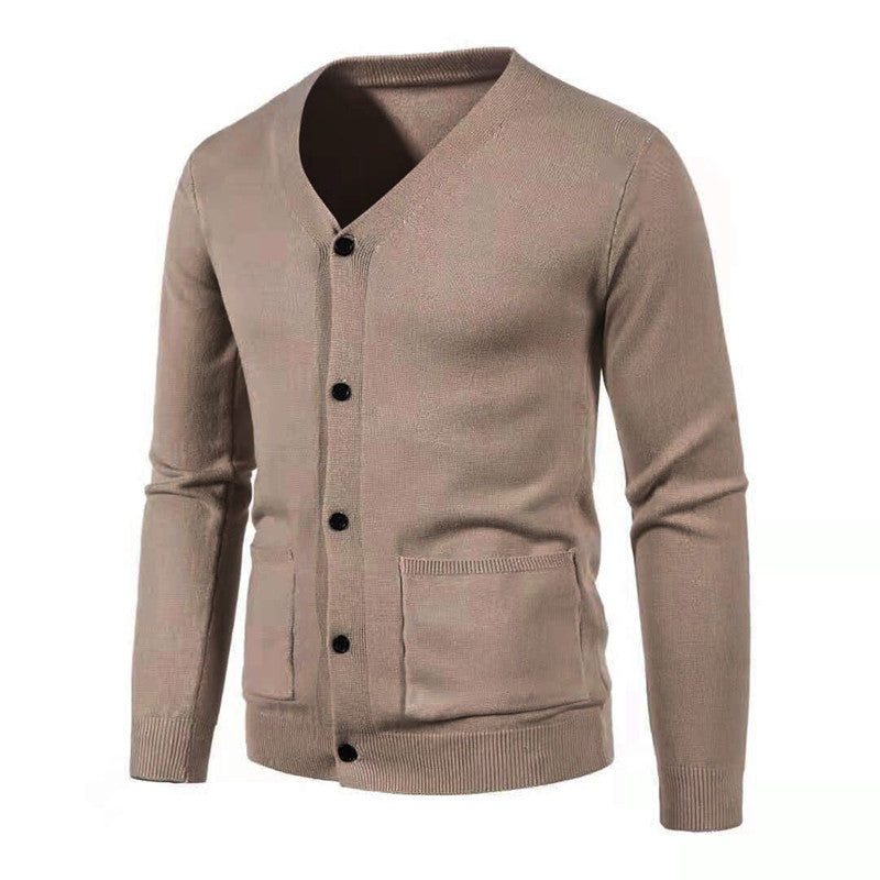 Men's lightweight fine-knit cardigan with V-neck, full button placket, and patch pockets Mune Fashion