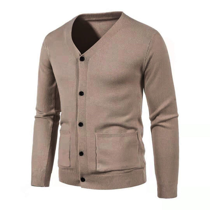 Men's lightweight fine-knit cardigan with V-neck, full button placket, and patch pockets Mune Fashion