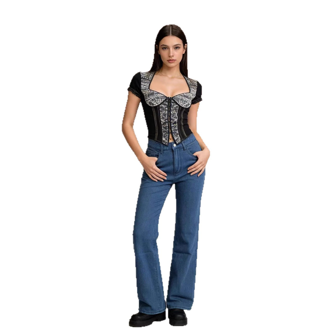 Ladies high-waisted soft draping flare jeans made of stretch denim with a figure-flattering fit Mune Fashion